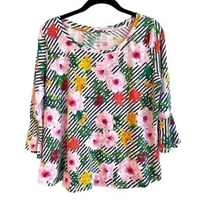 HANNAH, BRIGHT & COLORFUL TOP WITH 3/4 BELL SLEEVE, SIZE L